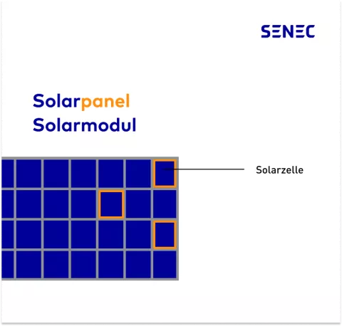 Die Grafik zeigt den Zusammenhang von Solarzelle, Solarmodul und Solarpanel von kleinsten bis zum größten Baustein.